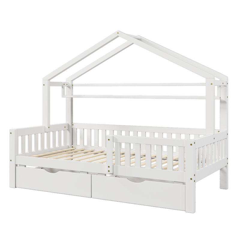 Cadre de lit double pour enfants avec tiroirs de rangement et garde-corps latéraux, Blanc, Lit double