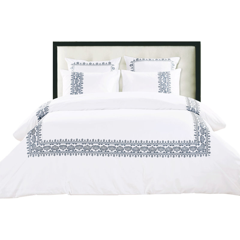 Frankton Embroidered Cotton Traditional 3 Piece Duvet Cover Set, King, Blue/White