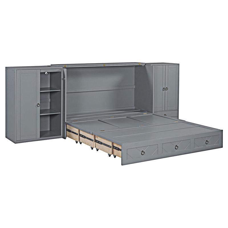 Lit escamotable avec port USB, petites armoires et tiroirs, gris