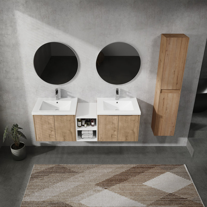 Meuble-lavabo mural avec lavabo et armoire latérale, portes à fermeture en douceur, 59"