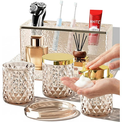 Ensemble d'accessoires de salle de bain en verre brun cristal, ensemble de comptoir de salle de bain 5 pièces