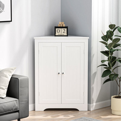 Armoire de plancher au sol avec 2 portes et tablettes réglables, armoire de rangement étroite autoportante, armoires de rangement en coin