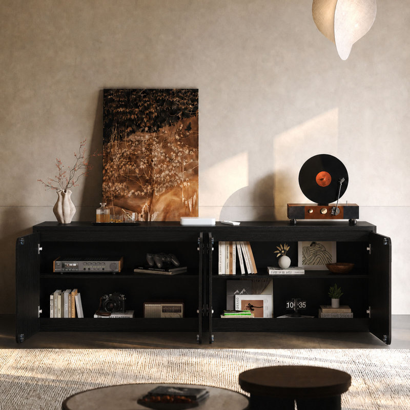 Meuble télé moderne de 63 pouces, rangement à 4 portes avec étagères réglables et passe-câbles, Black