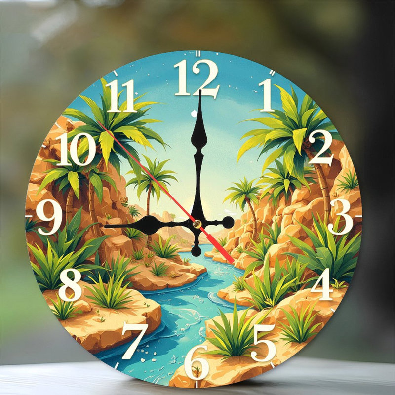 Horloge murale Oasis, paysage de rivière, palmiers