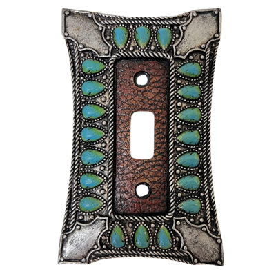 Resin Southwestern Single Toggle Switch Cover Tooled Leather with Faux Turquoise Gem Design