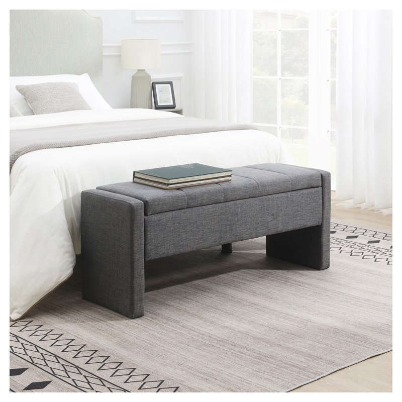 Banc de bout rembourré moderne avec rangement - Tabouret de repose-pieds en lin gris foncé pour la chambre à coucher, le salon et le meuble-lavabo