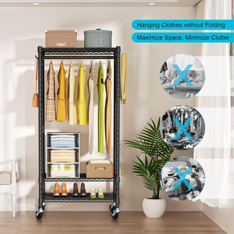 Black Portable Wire Closet System with Wheels, 23.6'' W x 14'' D x 74.5'' H