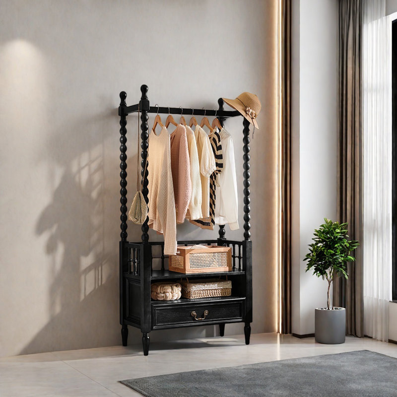 Vintage Pearl Coat Rack Solid Wood Storage, Black