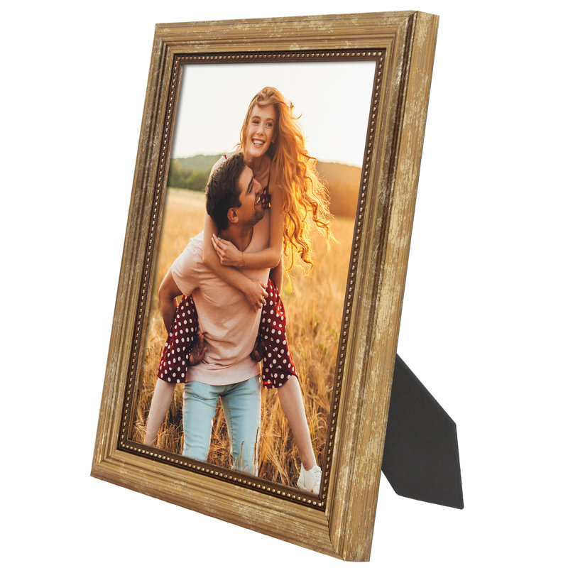 Cadre photo rétro avec détails perlés avec verre incassable et chevalet, Doré, L 5 po x H 7 po