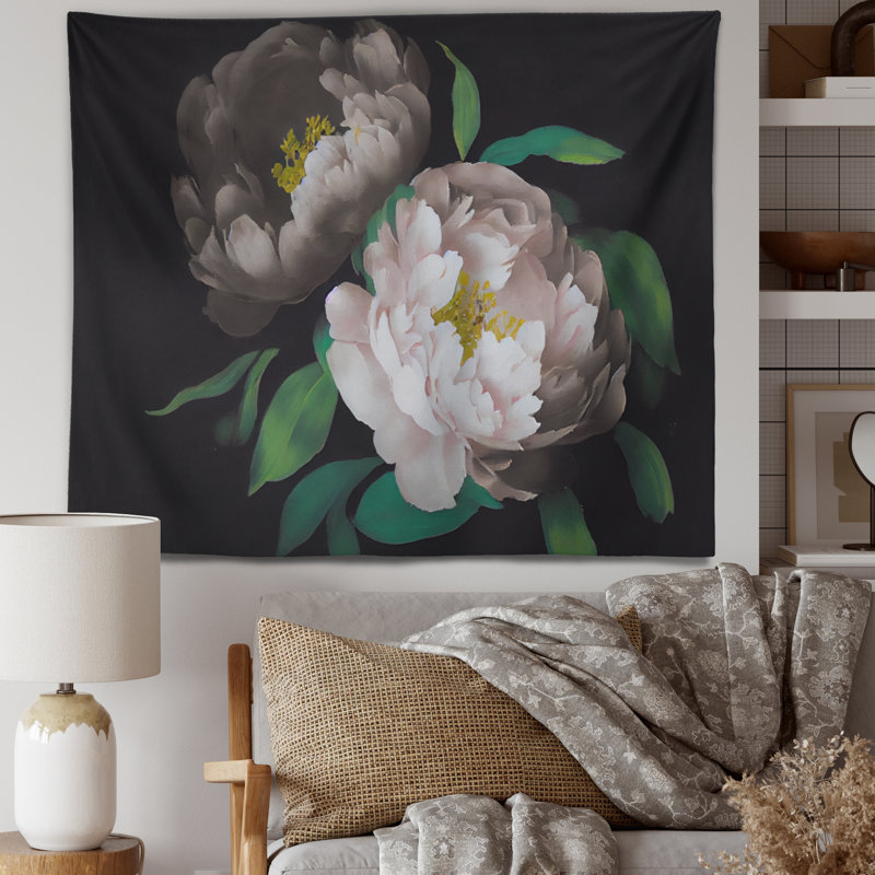 Tapisserie pivoine blanche sur polyester III, H 32 po x l 39 po