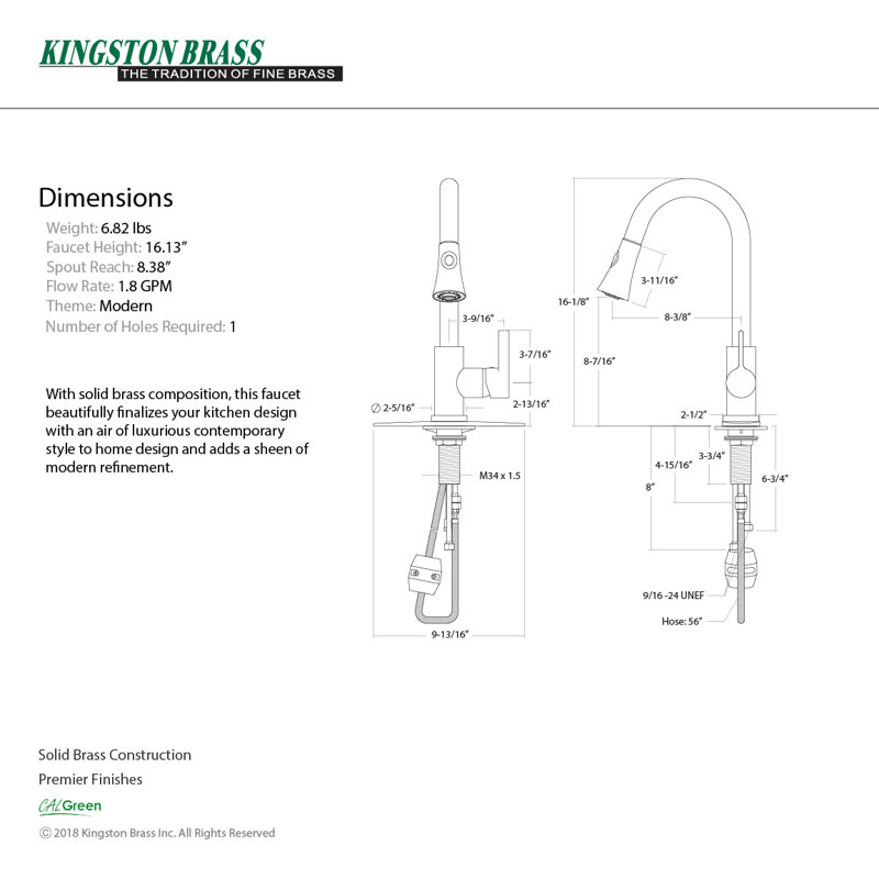 Kingston Brass Continental Single-Handle Pull-Down Kitchen Faucet, Polished Chrome