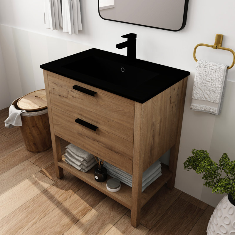 Armoire de salle de bain 30 po - 2 tiroirs, autoportante, lavabo en céramique, contreplaqué, design moderne, instructions d'installation simple, tiroir de meuble-lavabo 30 po, armoire noire, méthode d'assemblage rapide