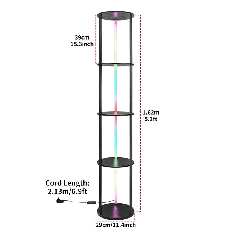 63.6" Floor Lamp With Shelves 5 Tiers Multicolor RGB Led Lamp  App Control Standing Lamp For Living Room Home Deco