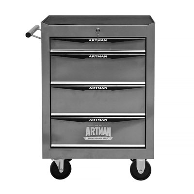 Coffre à outils roulant en métal avec 4 tiroirs, glissières à roulement à billes, rangement verrouillable et roulettes pivotantes pour la mobilité en atelier.
