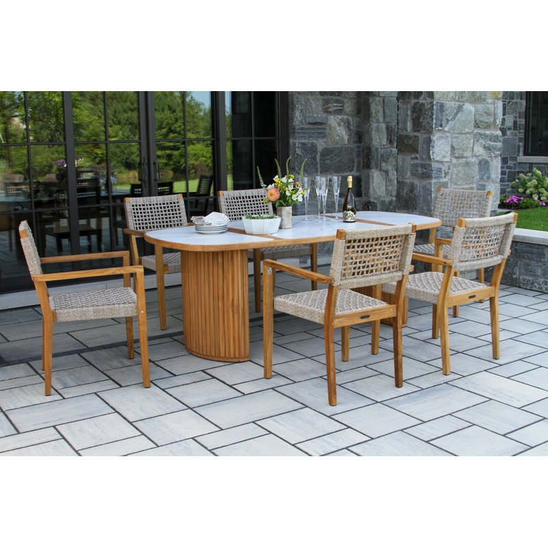 Cava 7 Pc. Teak & Rope Oval Dining Set With Monte Bianco Stone Top, White