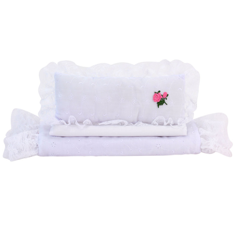 White Eyelet Comforter Set for Doll Crib with Pink Rose Appliqué