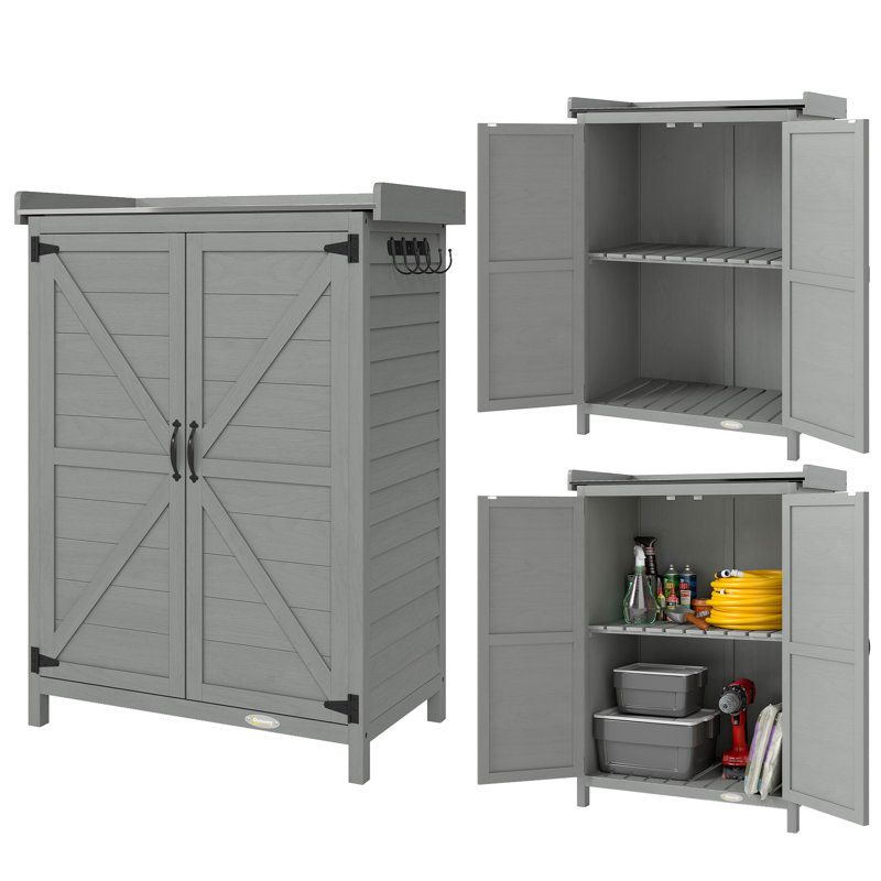Outsunny Wooden Garden Shed, Garden Tool Storage Shed, Double Doors, Grey