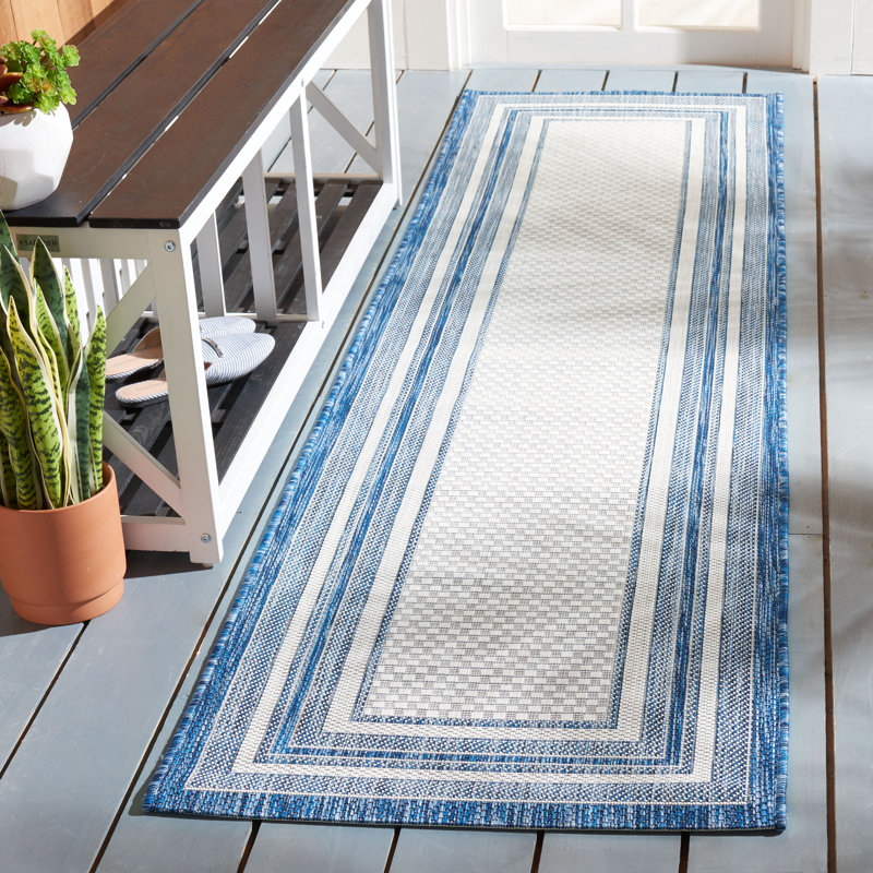 Chapa Striped Ivory/Navy Indoor/Outdoor Area Rug, Runner 2'3" x 14', Ivory/Navy