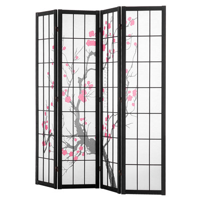 Paravent en bois de cerisier japonais à 4 panneaux, écran d'intimité pliable à motif quadrillé de 64 pouces avec tissu non tissé respirant, cloison de séparation autoportante pour le décor de restaurant de chambre à coucher