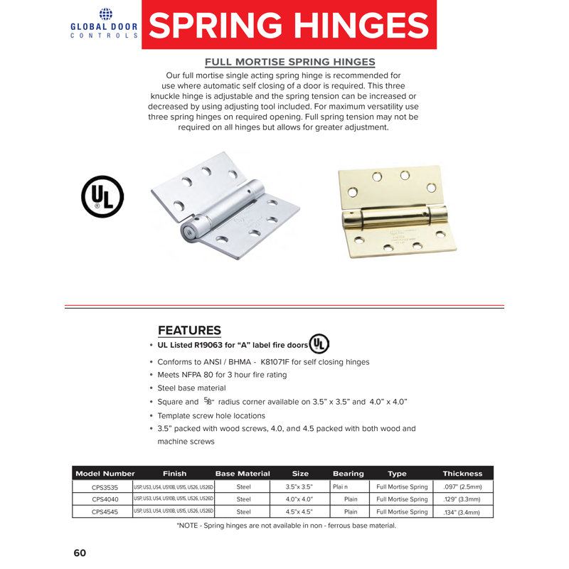4.5 in. x 4.5 in. Full Mortise Spring With Non-Removable Pin Squared Hinge, Bright Brass