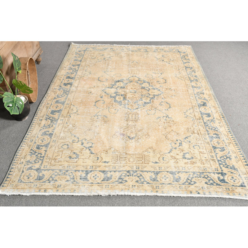 Tapis Oushak en laine tissé à la main à motif turc anatolien rétro au design traditionnel unique bleu / brun