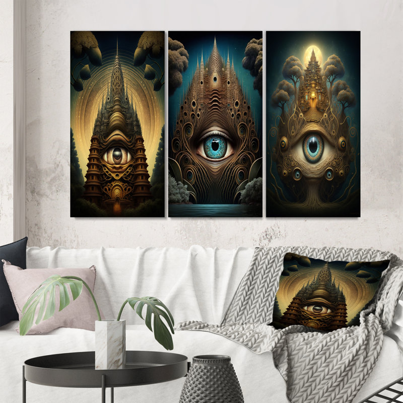 «Temple mystique de la Conscience antique II», 3 pièces sur toile, Toile tendue, H 40 po x l 60 po