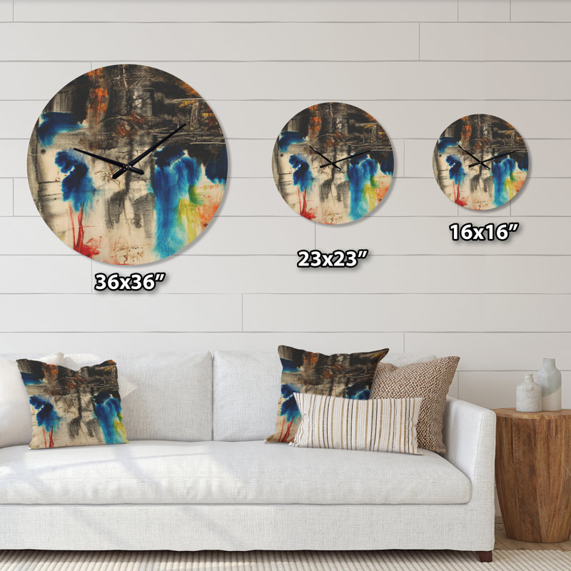 Horloge murale moderne en bois noir, bleu et jaune, Grand