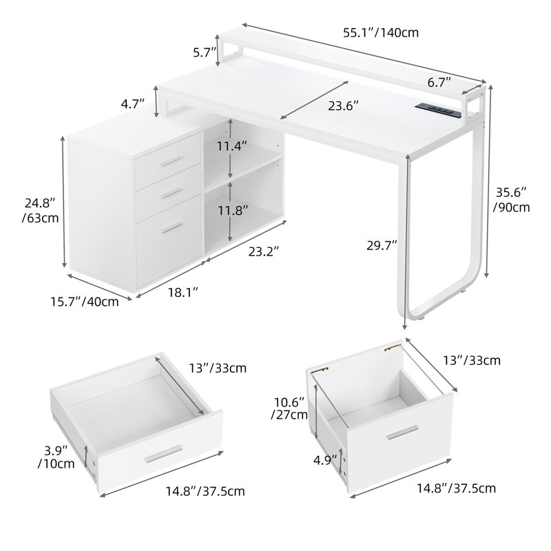 55'' L-Shape Computer Desk With LED Lights, Power Outlets & Drawer Shelves, White