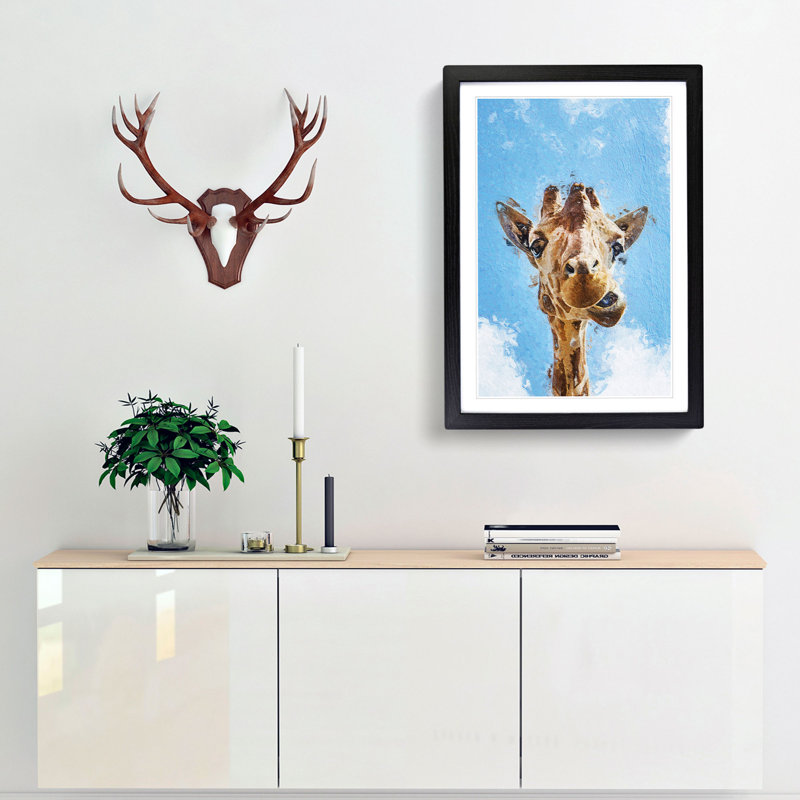 Chewing Giraffe - Picture Frame Painting Print, 36cm H x 27cm W x 2cm D, Black Framed
