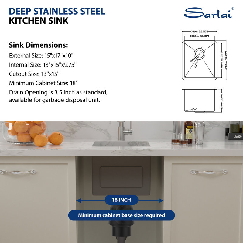 15" L X 17" W Rectangular Undermount Bar Sink Stainless Steel Single Bowl Bar Kitchen Sink
