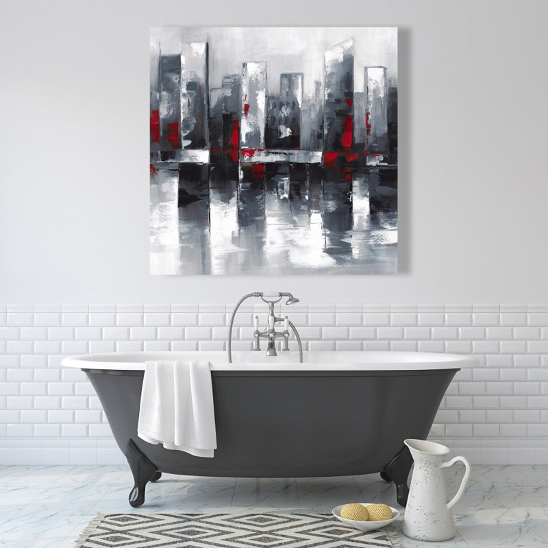 Paysage urbain abstrait - Toile rouge contemporaine pour la décoration intérieure