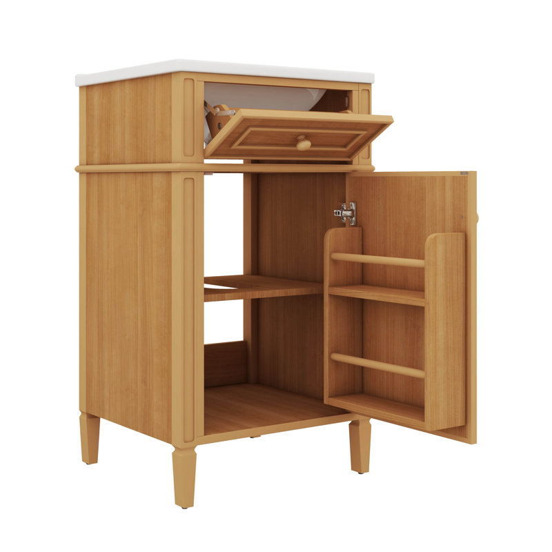Meuble-lavabo de 20 po en bois avec lavabo, supporté par des pieds en bois massif, comprenant un tiroir inclinable et une tablette réglable
