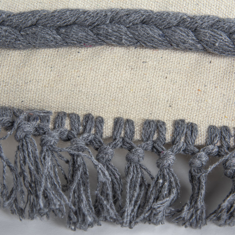 Gray Textured Cotton Lumbar Pillow with Macramé Fringe