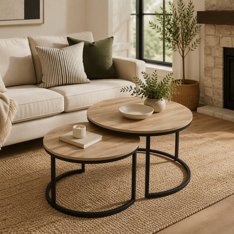 Ensemble de 2 tables basses gigognes rondes, style industriel, finition chêne naturel, conception peu encombrante