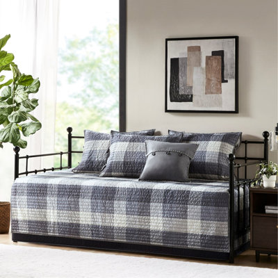 Housse de lit de jour 6 pièces grise - Motif à carreaux réversible pour matelas simple. Comprend une housse, des taies d'oreiller et un coussin décoratif. Tissu jeté de lit.