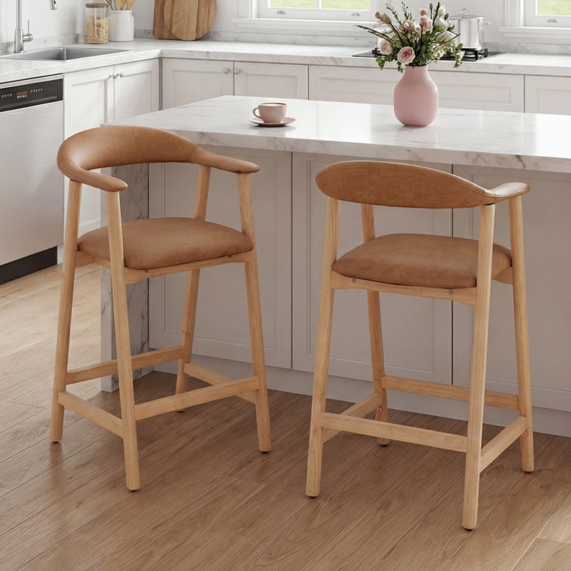 Contemporary Upholstered Bar Stool With Wood Legs And Curved Back, Brown