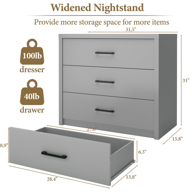 Commode 3 tiroirs en bois - Commode large pour chambre à coucher, salon ou bureau personnel, Gris