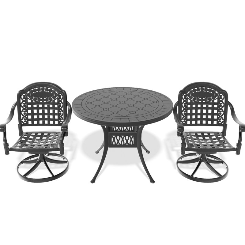 3 chaises de salle à manger en aluminium pour le jardin, 2 chaises pivotantes et une table de 39,37 po, structure noire, table ronde avec assise confortable, fonte d'aluminium, noir, intempéries, coussins de siège