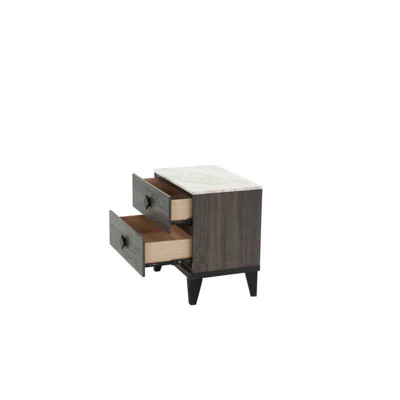 Nightstand In Dark Gray Oak With Rustic Appeal And Faux Marble, 23 X 15 Inch Accented 23" 15" H