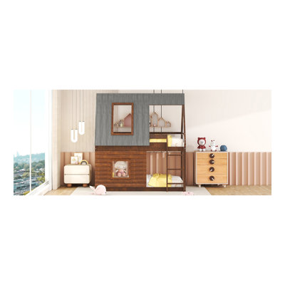 Wood Twin Size House Bunk Bed With Roof, Ladder And 2 Windows, Oak & Smoky Grey