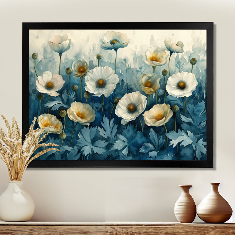 Blanc, bleu, jardin, fête, coquelicots - coquelicots, art mural, Toile encadrée noire simple, H 30 po x l 40 po x P 1,5 po