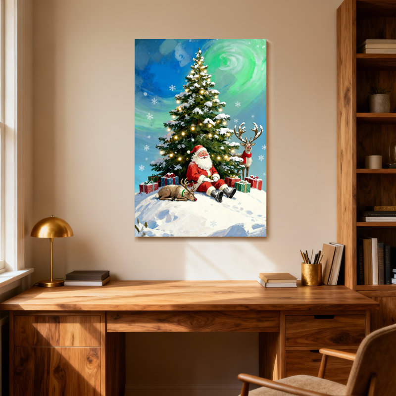 Noël, père Noël, arbre de Noël, renne, neige, cadeaux, ciel nocturne, H 18 po x l 12 po