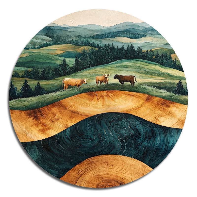 Cows Into A Summer Field Landscape II - vache, art mural rond en métal, impression d'art moderne brun, H 16 po x l 16 po