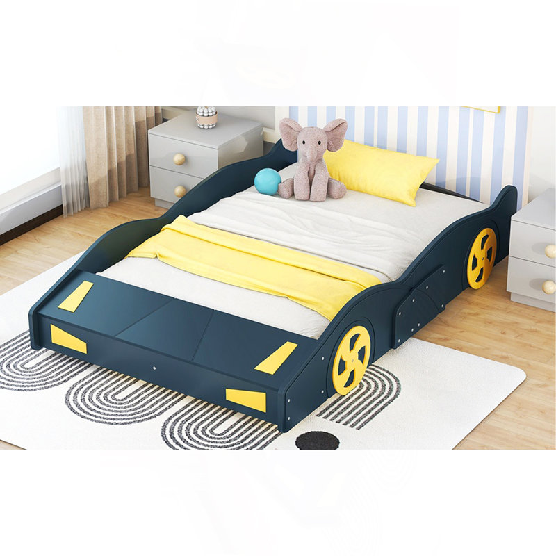 Lit plateforme double en forme de voiture de course avec roues et rangement, bleu foncé et jaune, Bleu très foncé, Lit double