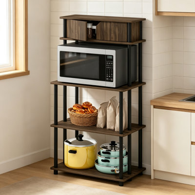 Brown Walnut 5-Tier Bakers Rack Coffee Bar, Kitchen Storage Shelf with Top Cabinet, Pantry Organizer for Kitchen Organization