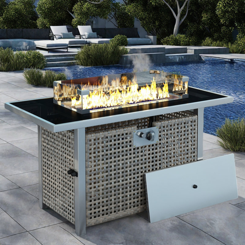 Propane Gas Fire Pit Table With Glass Wind Guard And An Open Basket-wave Patterned Wicker, Gray