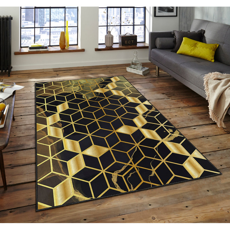 Tapis géométrique rectangulaire tissé à la machine en polyester noir / or Macia, Rectangle 5 pi 3 po x 7 pi 7 po