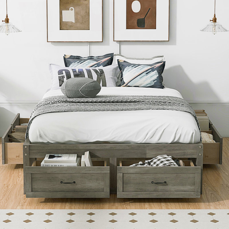 Full Size Platform Bed With 6 Storage Drawers, Antique Grey
