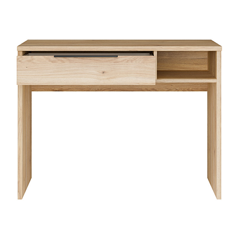 Contemporary desk with drawer and open compartment, small footprint, office, engineered wood, warm oak decor/white, 101 cm W x 75.5 cm H x 49.6 cm D