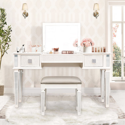 Bureau de coiffeuse en miroir avec tiroirs, ensemble de coiffeuse de chambre à coucher avec miroir et tabouret, coiffeuse rabattable pour chambre à coucher / salle de maquillage, bureau de travail pour femmes, ensemble de mobilier pour fille